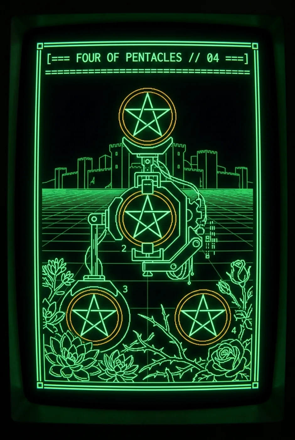 Four of Pentacles, upright, a Phosphor tarot card
