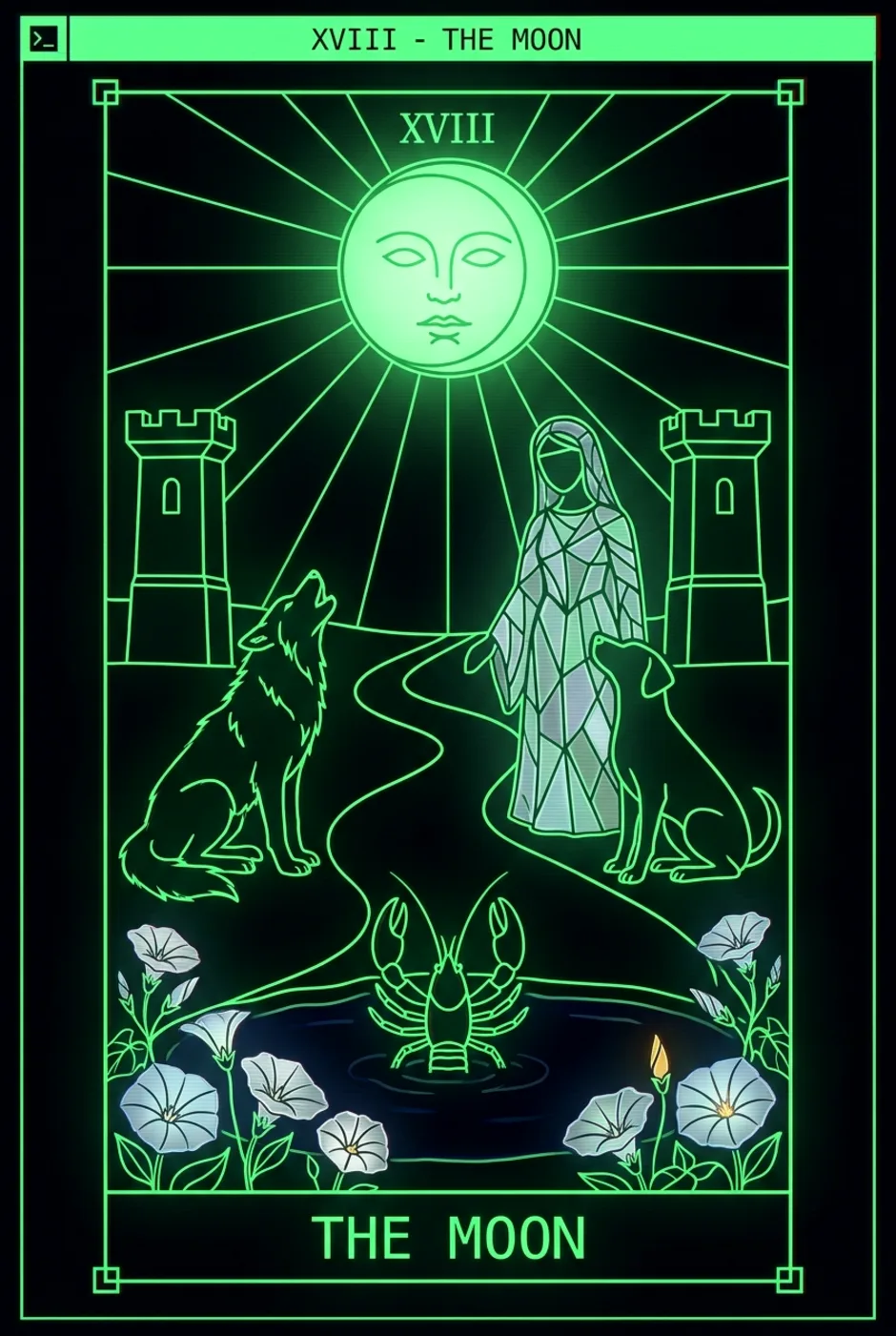 The Moon, upright, a Phosphor tarot card
