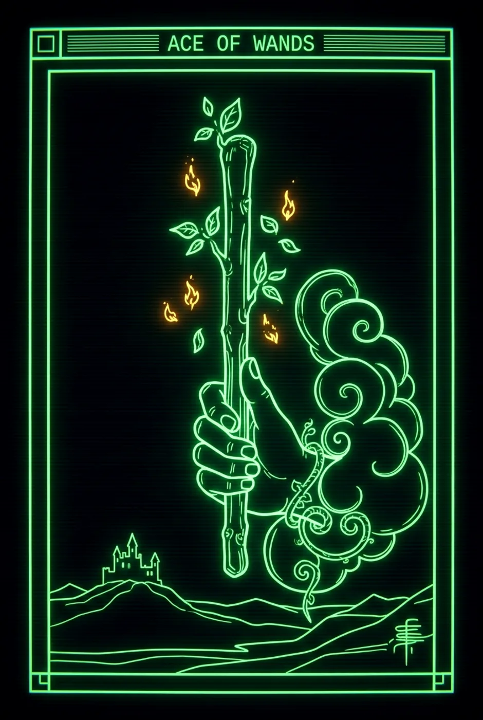 Ace of Wands, upright, a Phosphor tarot card