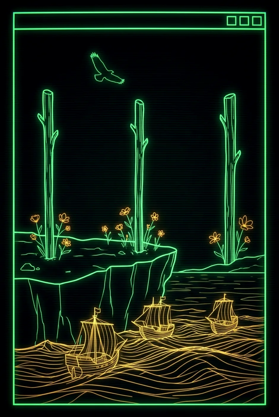 Three of Wands, upright, a Phosphor tarot card