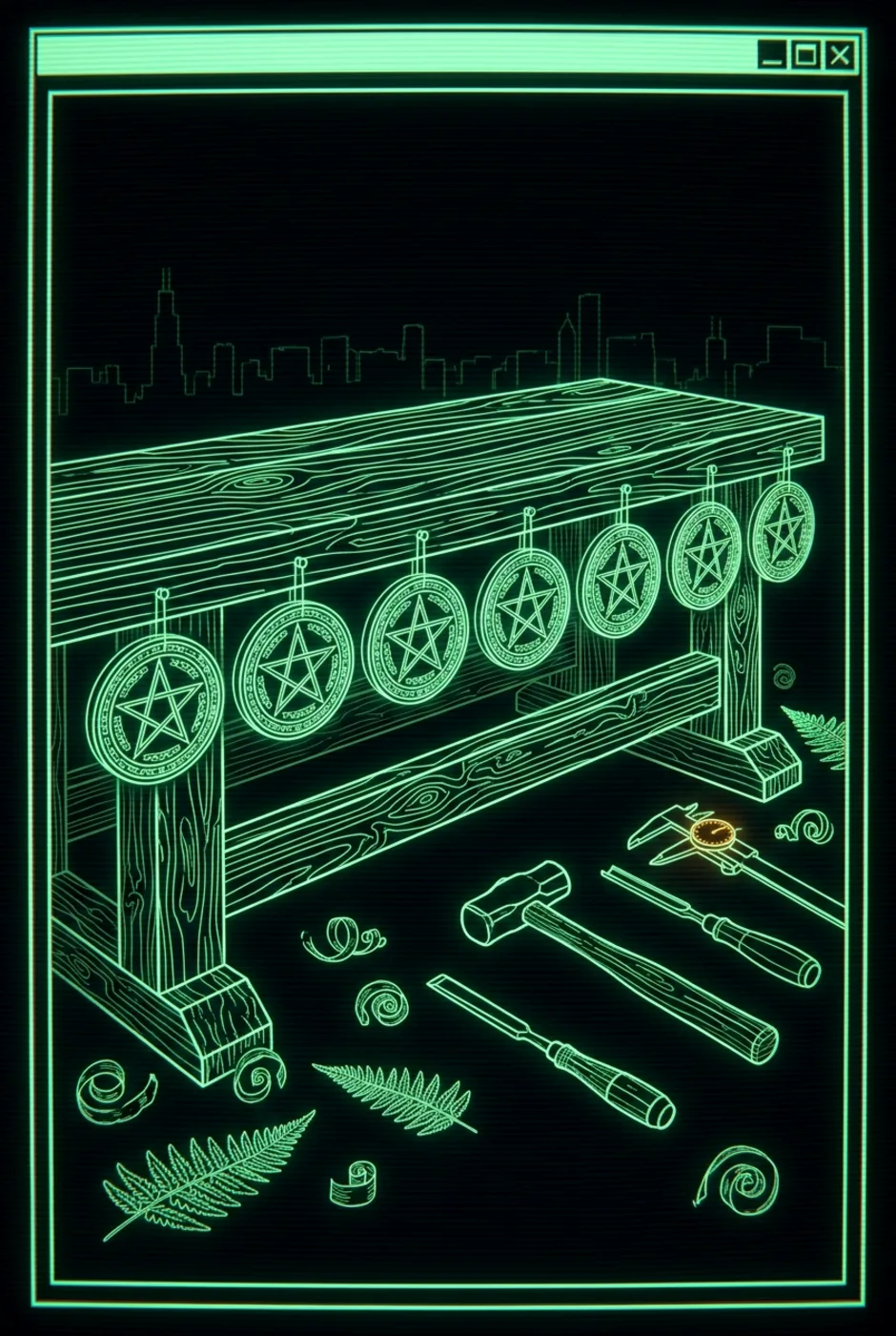 Eight of Pentacles, reversed, a Phosphor tarot card