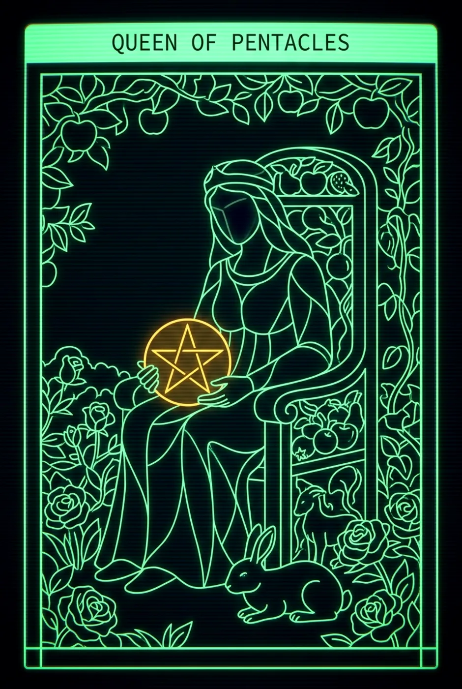 Queen of Pentacles, reversed, a Phosphor tarot card