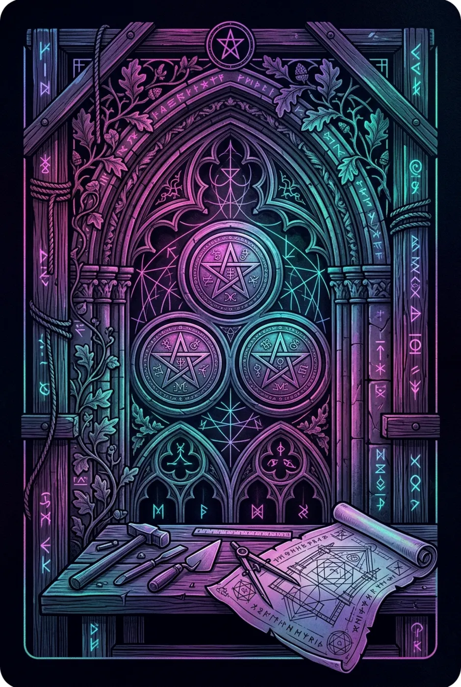 Three of Pentacles, reversed, a Witching tarot card