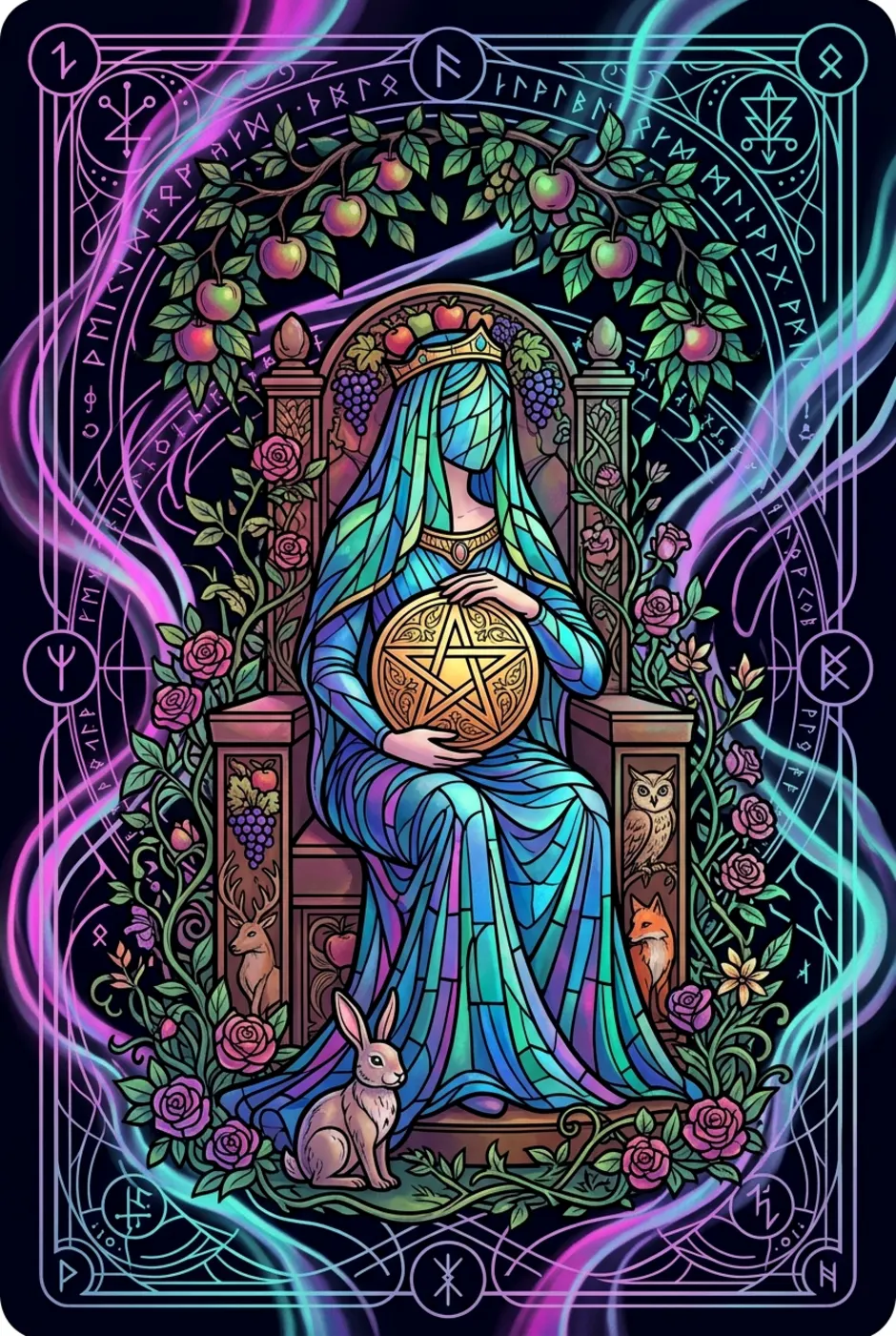 Queen of Pentacles, upright, a Witching tarot card