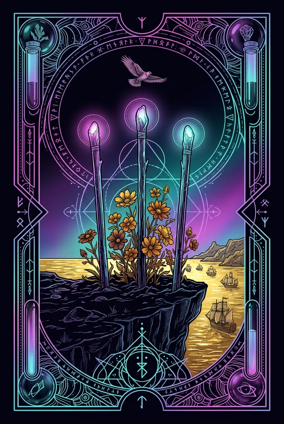 Three of Wands, reversed, a Witching tarot card