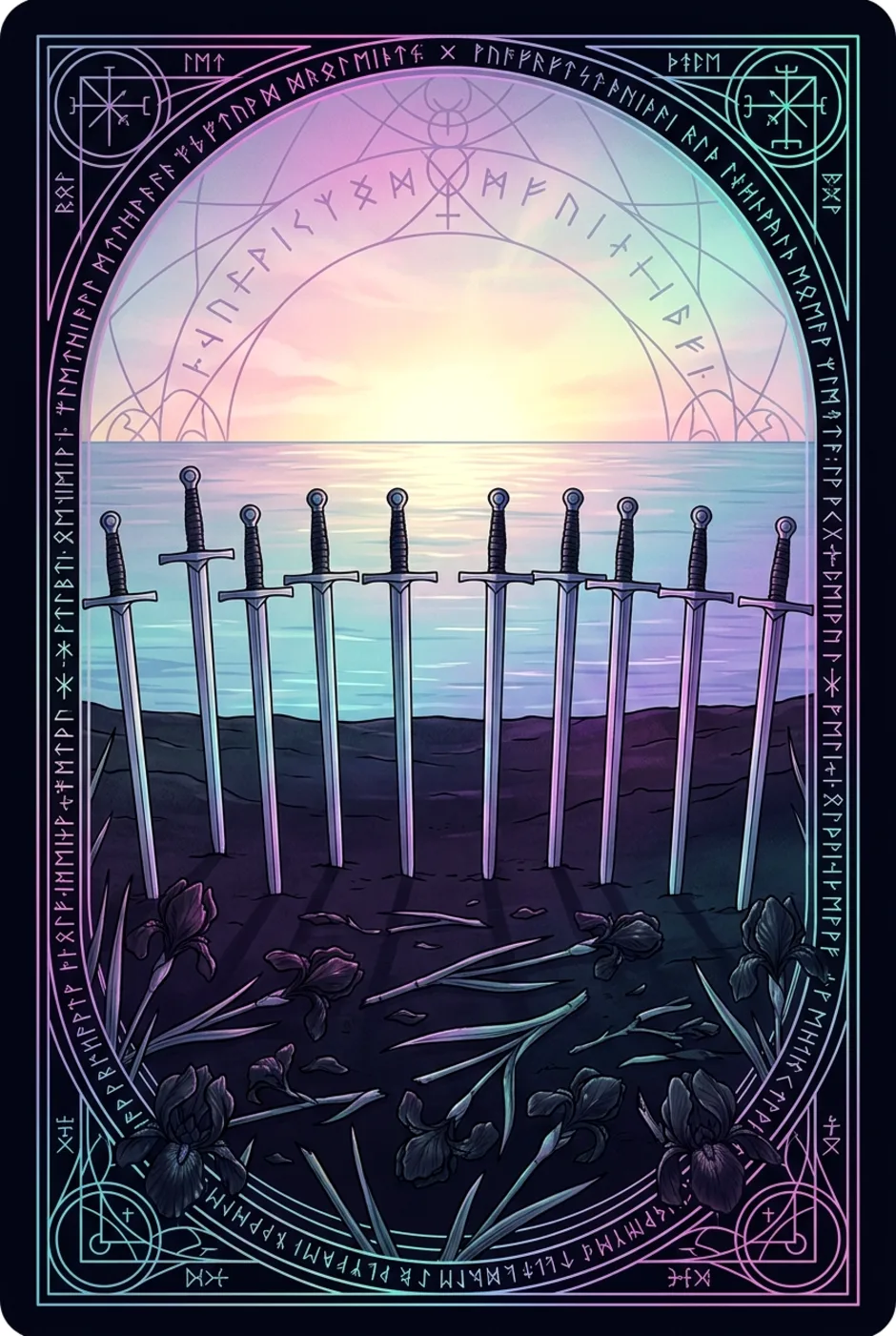 Ten of Swords, upright, a Witching tarot card