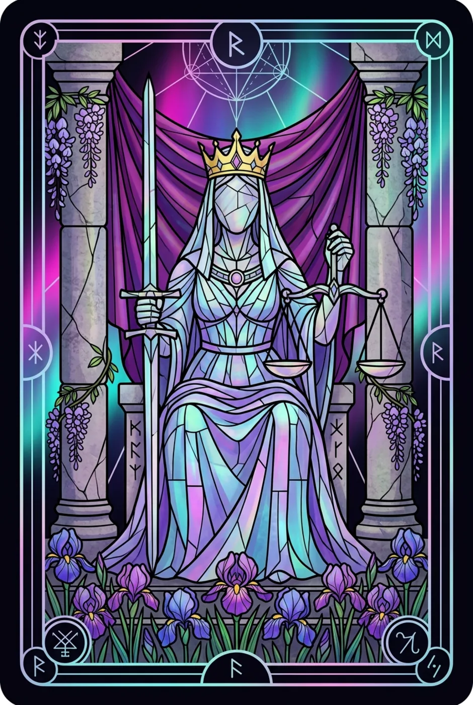 Justice, reversed, a Witching tarot card