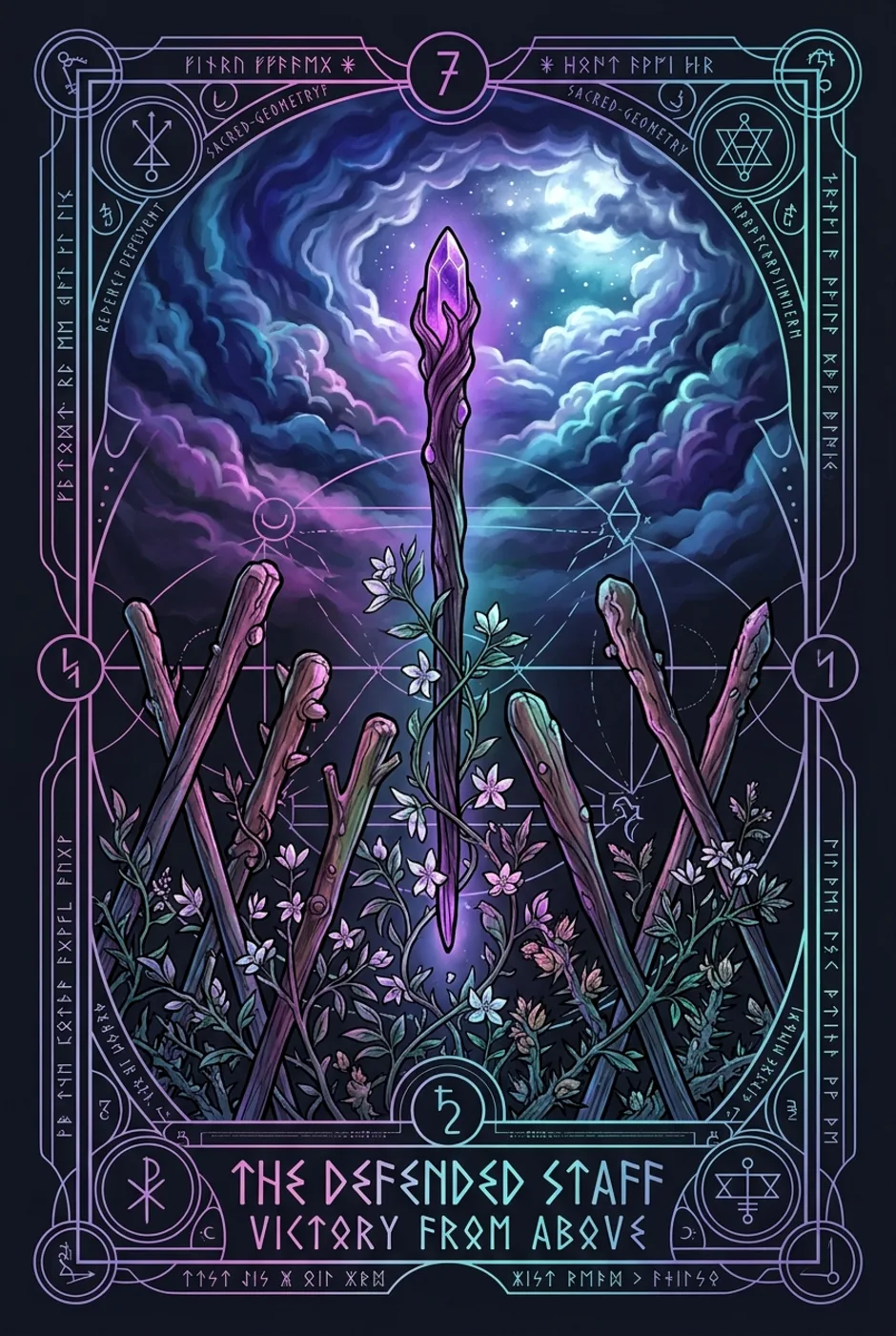Seven of Wands, upright, a Witching tarot card