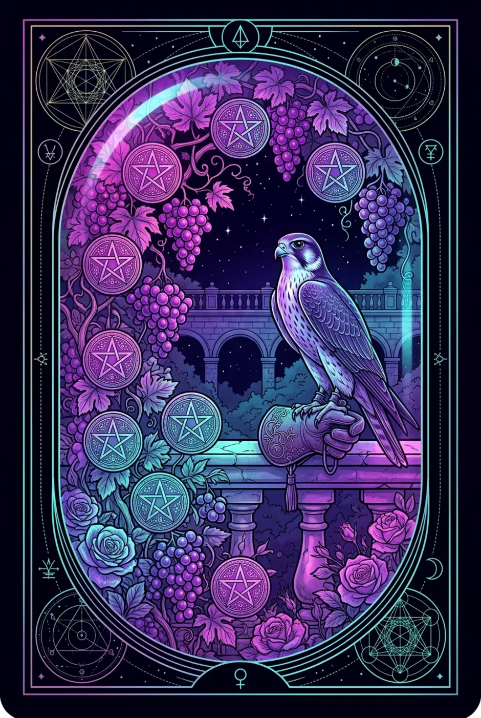 Nine of Pentacles, upright, a Witching tarot card