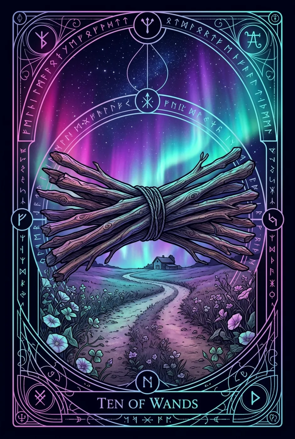Ten of Wands, upright, a Witching tarot card